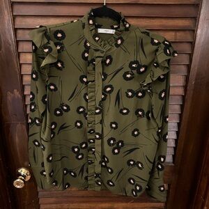 MNG Suit Mango Ruffle Blouse button top shirt flower green